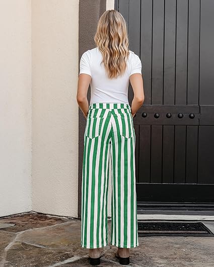 GRAPENT Women Jeans Striped Wide Leg High Waisted Trendy Stretchy Denim Pants Cute Casual Trouser Jeans with Pockets