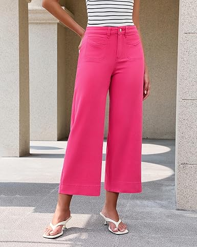 GRAPENT Cropped Jeans for Women Trendy 2026 Wide Leg High Waisted Patch Pocket Stretchy Denim Pants Short Trouser Jeans