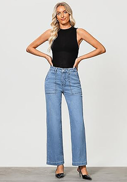 GRAPENT Jeans for Women High Waisted Straight Leg Jeans Stretchy Trendy Wide Leg Denim Pants Jean Trousers Patch Pockets