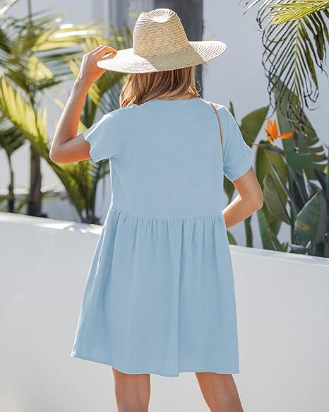 GRAPENT Linen Dresses for Women Casual Summer Babydoll Button Down Short Sleeve V Neck Above Knee Dress with Pockets