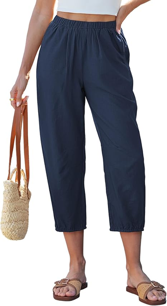 GRAPENT Capri Pants for Women Linen Barrel High Waisted Pull On Elastic Waist Casual Summer Capris Beach Vacation Pants