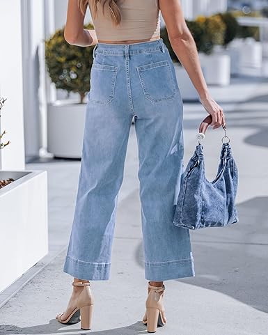 GRAPENT Wide Leg Jeans for Women Cropped Trendy High Waisted Welt Pocket Stretchy Denim Pants Distressed Trouser Jeans