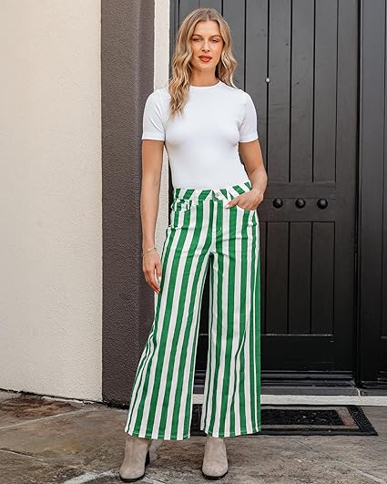 GRAPENT Women Jeans Striped Wide Leg High Waisted Trendy Stretchy Denim Pants Cute Casual Trouser Jeans with Pockets