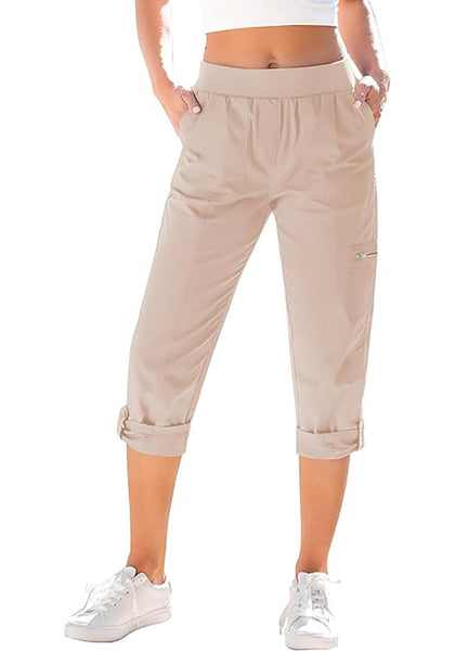 GRAPENT Capri Cargo Pants for Women High Waisted Pull On Elastic Waist Stretch Twill Fold Hem Capris Pants with Pockets