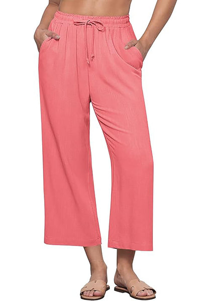 GRAPENT Linen Pants for Women High Waisted Wide Leg Capri Elastic Waist Casual Beach Flowy Cropped Summer Capris Pants