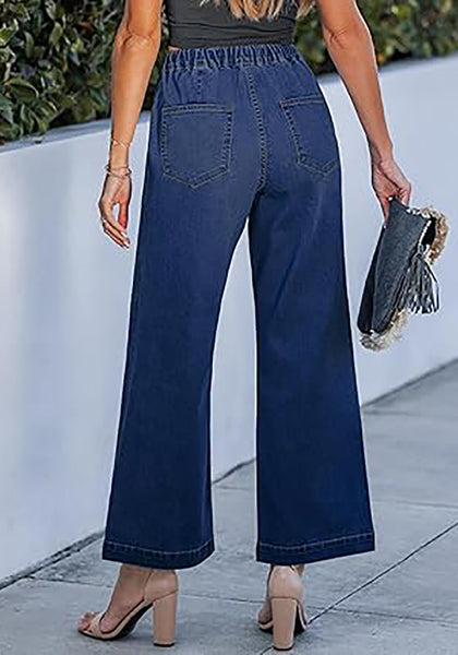 GRAPENT Wide Leg Jeans for Women Trendy High Waisted Drawstring Tie Elastic Waist Stretchy Denim Pants Trouser Jeans