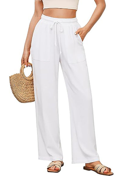 GRAPENT Linen Pants for Women Wide Leg High Waisted Baggy Drawstring Elastic Waist Palazzo Trousers Pants with Pockets