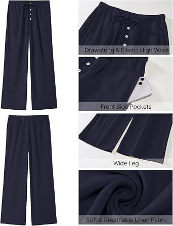 GRAPENT Linen Wide Leg Pants Woman High Waisted Pull On Button Drawstring Baggy Casual Summer Palazzo Pants with Pockets