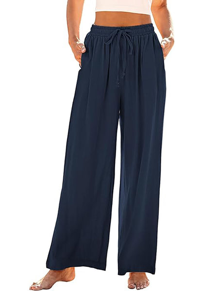 GRAPENT Wide Leg Pants Woman Linen High Waisted Pull On Flowy Casual Baggy Drawstring Palazzo Trousers Pants Resort Wear