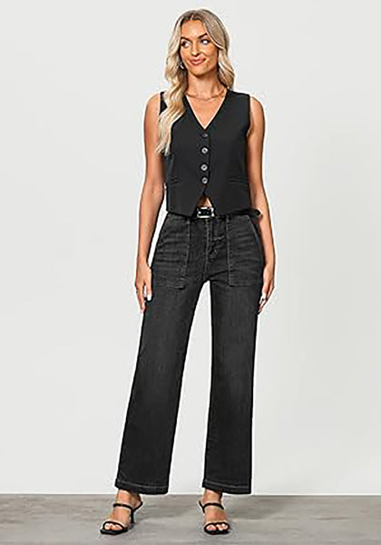 GRAPENT Jeans for Women High Waisted Straight Leg Jeans Stretchy Trendy Wide Leg Denim Pants Jean Trousers Patch Pockets