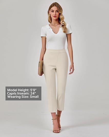 GRAPENT Capri Pants for Women High Waisted Pull On Dress Pants Slim Straight Leg Stretchy Waist Capris Trousers Pants