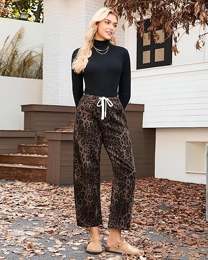 GRAPENT Barrel Jeans for Women Trendy High Waisted Pull On Wide Leg Cropped Leopard Cheetah Print Stretchy Denim Pants