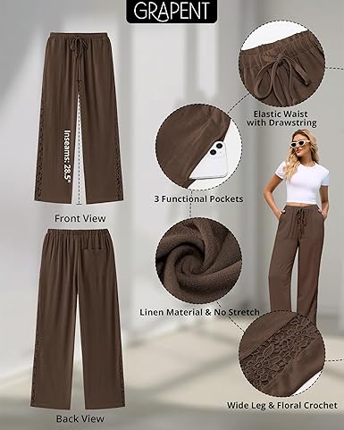 GRAPENT Linen Pants Women Wide Leg High Waisted Crochet Panel Pull On Elastic Waist Casual Summer Beach Vacation Pants