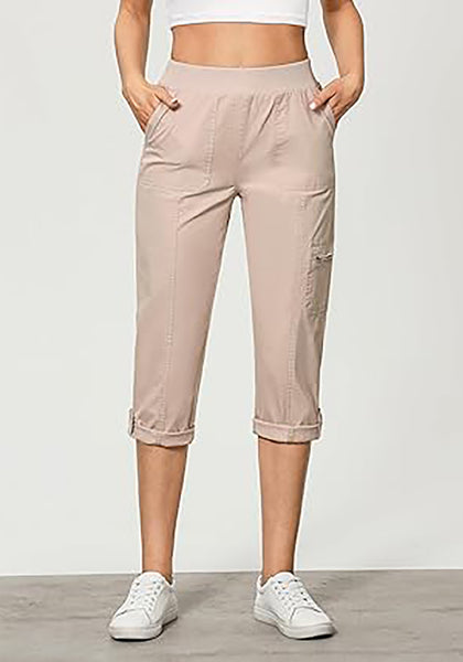 GRAPENT Capri Cargo Pants for Women High Waisted Pull On Elastic Waist Stretch Twill Fold Hem Capris Pants with Pockets