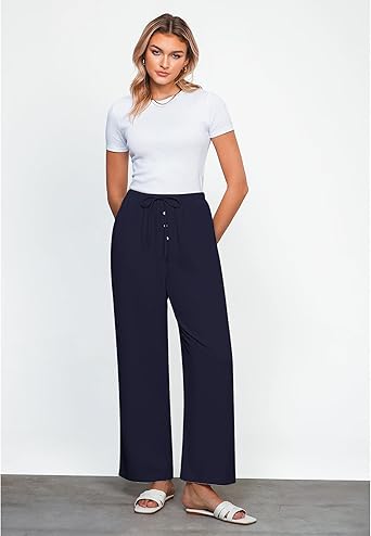 GRAPENT Linen Wide Leg Pants Woman High Waisted Pull On Button Drawstring Baggy Casual Summer Palazzo Pants with Pockets