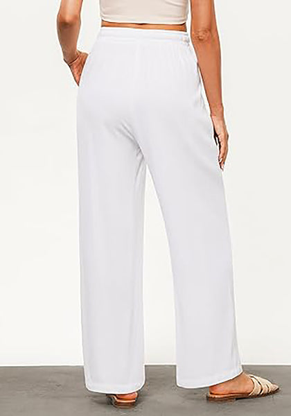 GRAPENT Linen Pants for Women Wide Leg High Waisted Baggy Drawstring Elastic Waist Palazzo Trousers Pants with Pockets