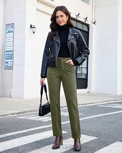 GRAPENT Corduroy Pants for Women High Wasited Straight Leg Elastic Waist Stretchy Casual Work Pants Fall Winter Trousers