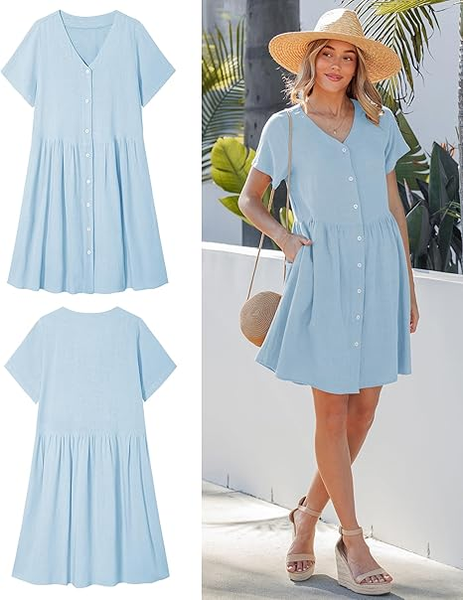 GRAPENT Linen Dresses for Women Casual Summer Babydoll Button Down Short Sleeve V Neck Above Knee Dress with Pockets