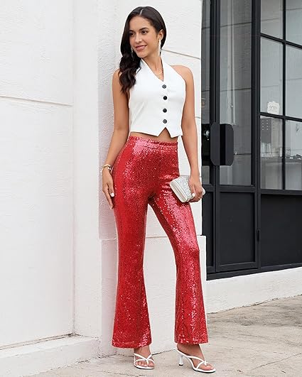 GRAPENT Sequin Pants for Women Flare High Waisted Pull On Elastic Waist Party Club Night Out Dance Stretch Sparkly Pants