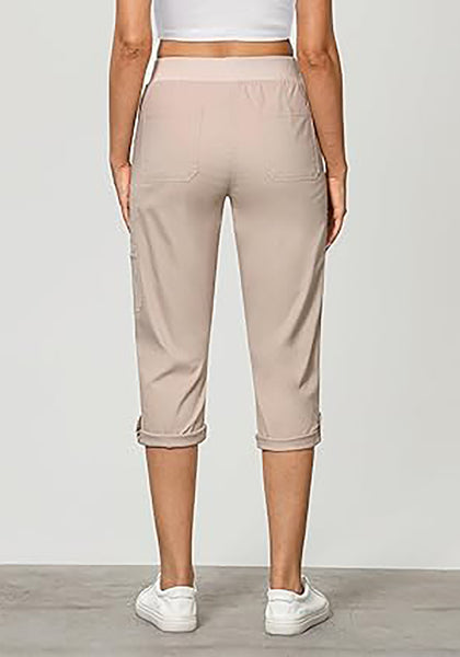 GRAPENT Capri Cargo Pants for Women High Waisted Pull On Elastic Waist Stretch Twill Fold Hem Capris Pants with Pockets