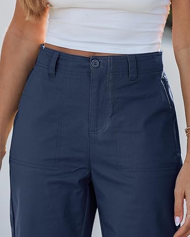 GRAPENT Wide Leg Pants for Women Cropped Chino High Waisted Business Casual Elastic Waist Work Trouser Pants with Pocket