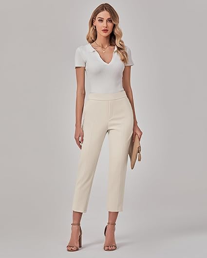 GRAPENT Capri Pants for Women High Waisted Pull On Dress Pants Slim Straight Leg Stretchy Waist Capris Trousers Pants
