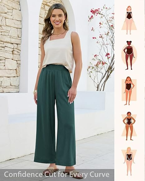 GRAPENT Linen Pants for Women Wide Leg High Waisted Paper Bag Smocked Waist Casual Summer Beach Vacation Palazzo Pants