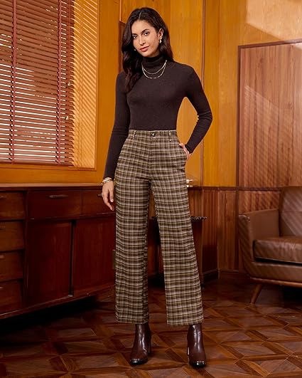 GRAPENT Plaid Pants for Women Wide Leg High Waisted Tartan Work Business Casual Elastic Waist Trousers Pants with Pocket