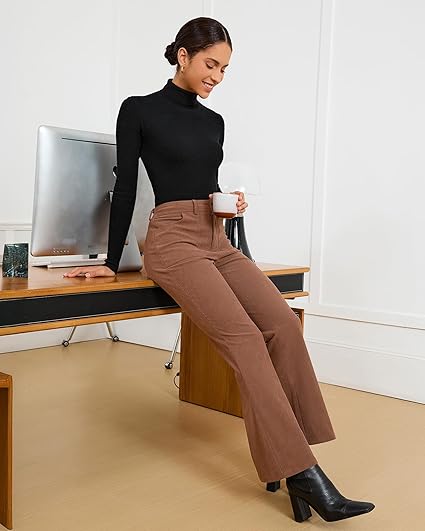 GRAPENT Corduroy Pants for Women Flare High Waisted Fall Winter Elastic Waist Stretchy Work Casual Trendy Wide Leg Pants