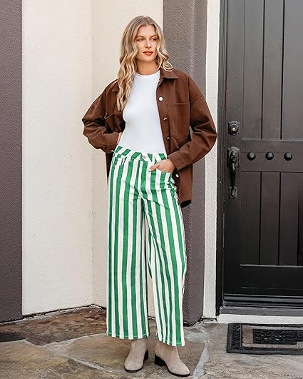 GRAPENT Women Jeans Striped Wide Leg High Waisted Trendy Stretchy Denim Pants Cute Casual Trouser Jeans with Pockets