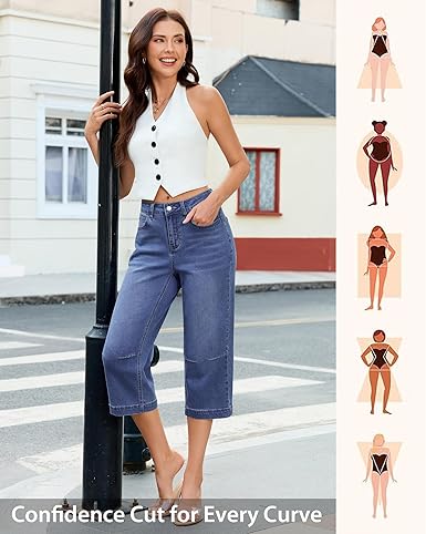 GRAPENT Capri Jeans for Women Mid Rise Straight Leg Casual Relaxed Fit Summer Cropped Stretchy Denim Capris Pants