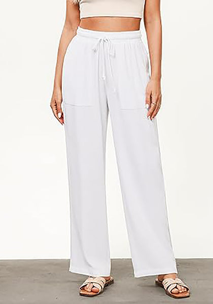 GRAPENT Linen Pants for Women Wide Leg High Waisted Baggy Drawstring Elastic Waist Palazzo Trousers Pants with Pockets