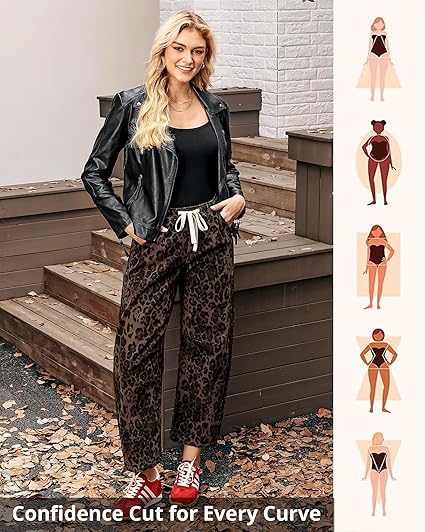 GRAPENT Barrel Jeans for Women Trendy High Waisted Pull On Wide Leg Cropped Leopard Cheetah Print Stretchy Denim Pants