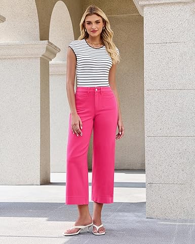 GRAPENT Cropped Jeans for Women Trendy 2026 Wide Leg High Waisted Patch Pocket Stretchy Denim Pants Short Trouser Jeans