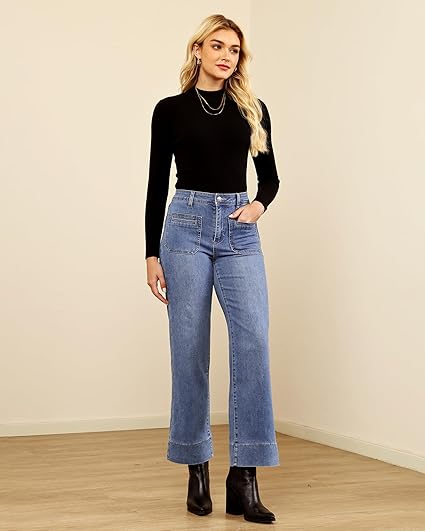 GRAPENT Wide Leg Jeans Woman Trendy High Waisted Patch Pocket Stretchy Denim Pants Vintage Casual Trouser Jeans