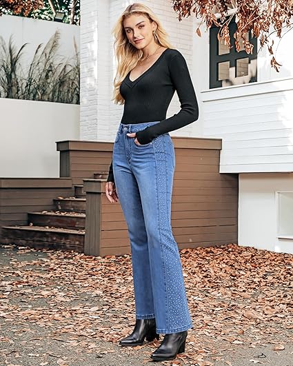 GRAPENT Flare Jeans for Women High Waisted Trendy Wide Leg Embellished Rhinestone Sparkly Concert Stretchy Denim Pants