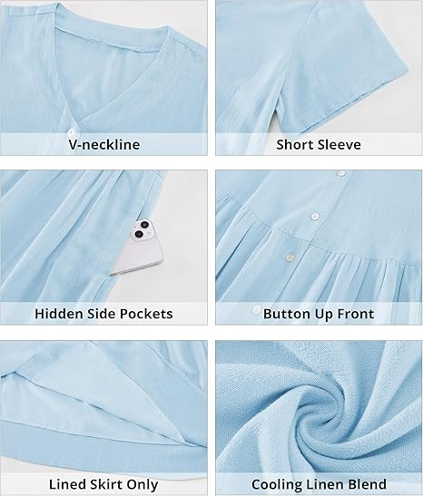 GRAPENT Linen Dresses for Women Casual Summer Babydoll Button Down Short Sleeve V Neck Above Knee Dress with Pockets
