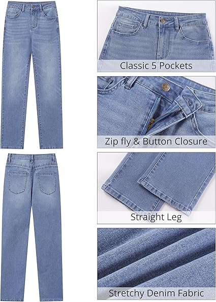 GRAPENT Straight Leg Jeans for Women Trendy High Waisted Classic Stretchy Denim Pants Casual Trouser Jeans with Pockets