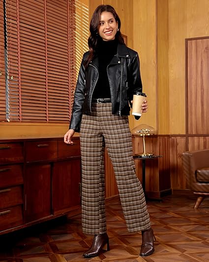 GRAPENT Plaid Pants for Women Wide Leg High Waisted Tartan Work Business Casual Elastic Waist Trousers Pants with Pocket
