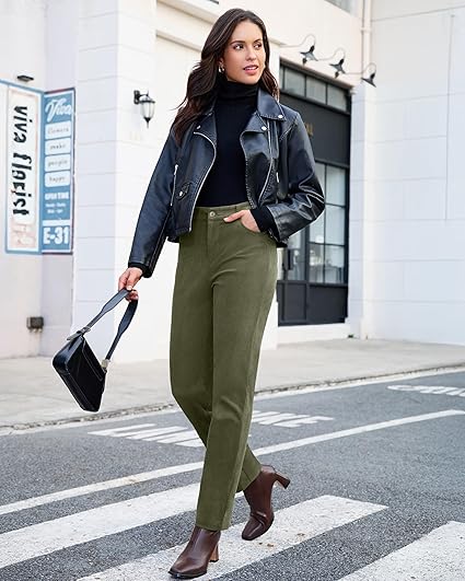 GRAPENT Corduroy Pants for Women High Wasited Straight Leg Elastic Waist Stretchy Casual Work Pants Fall Winter Trousers