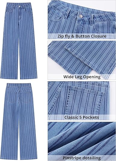 GRAPENT Striped Jeans for Women Trendy High Waisted Wide Leg Dressy Casual Stretchy Denim Pants Trouser Jeans
