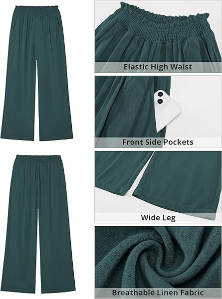 GRAPENT Linen Pants for Women Wide Leg High Waisted Paper Bag Smocked Waist Casual Summer Beach Vacation Palazzo Pants