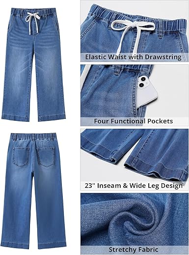 GRAPENT Capris Jeans for Women Trendy Wide Leg Capri Pants High Waisted Pull On Elastic Waist Summer Stretch Denim Jeans