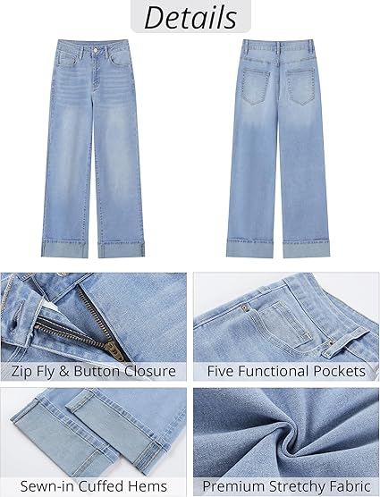 GRAPENT Wide Leg Jeans for Women Trendy High Waisted Cuffed Hem Stretchy Denim Trousers Pants Work Casual Jeans