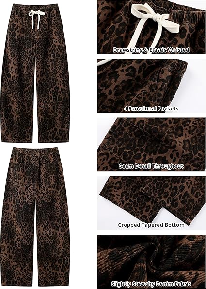 GRAPENT Barrel Jeans for Women Trendy High Waisted Pull On Wide Leg Cropped Leopard Cheetah Print Stretchy Denim Pants