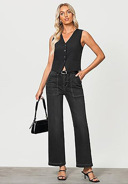 GRAPENT Jeans for Women High Waisted Straight Leg Jeans Stretchy Trendy Wide Leg Denim Pants Jean Trousers Patch Pockets
