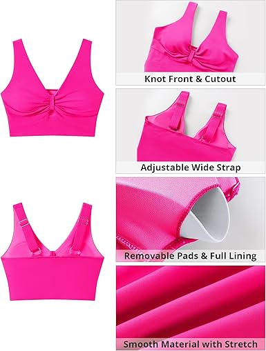 GRAPENT StrapCore Bikini Tops for Women Cropped Tankini Tops Beach Ruched Knot Cut Out Padded Adjustable Swimwear Swim Top Only