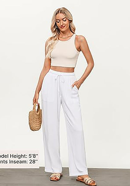 GRAPENT Linen Pants for Women Wide Leg High Waisted Baggy Drawstring Elastic Waist Palazzo Trousers Pants with Pockets