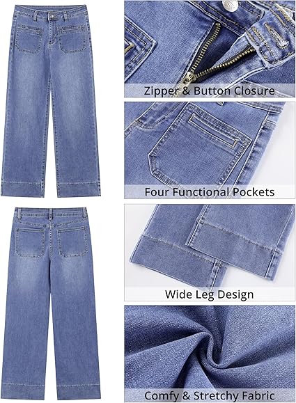 GRAPENT Wide Leg Jeans Woman Trendy High Waisted Patch Pocket Stretchy Denim Pants Vintage Casual Trouser Jeans