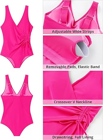 GRAPENT StrapCore One Piece Swimsuit Women V Neck Side Ruched Padded Cute Modest Bathing Suits Swimsuits Beach Vacation Swimwear